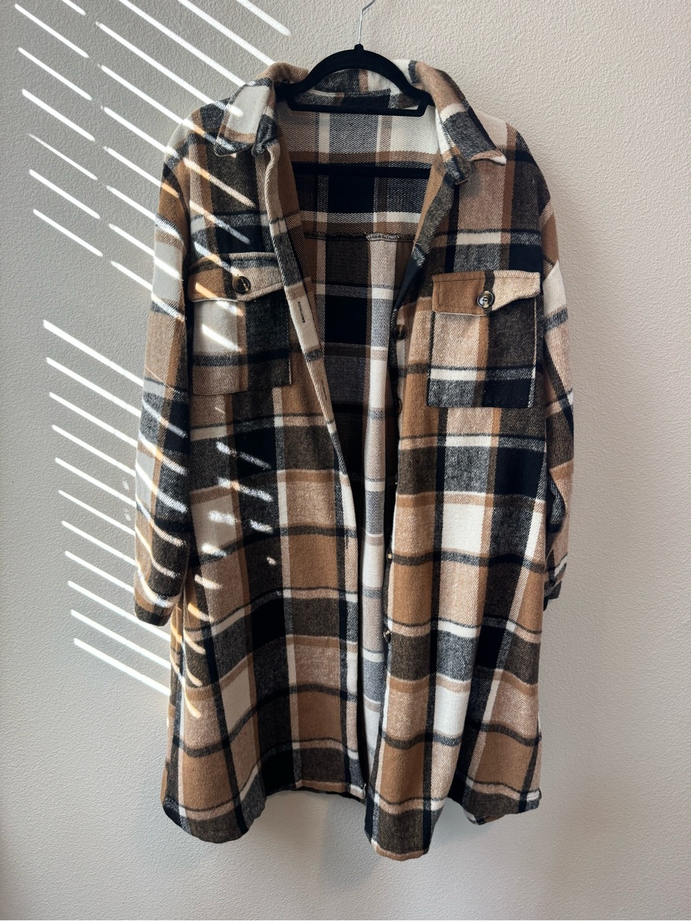 SHEIN Brown, Cream & Black Plaid Shacket